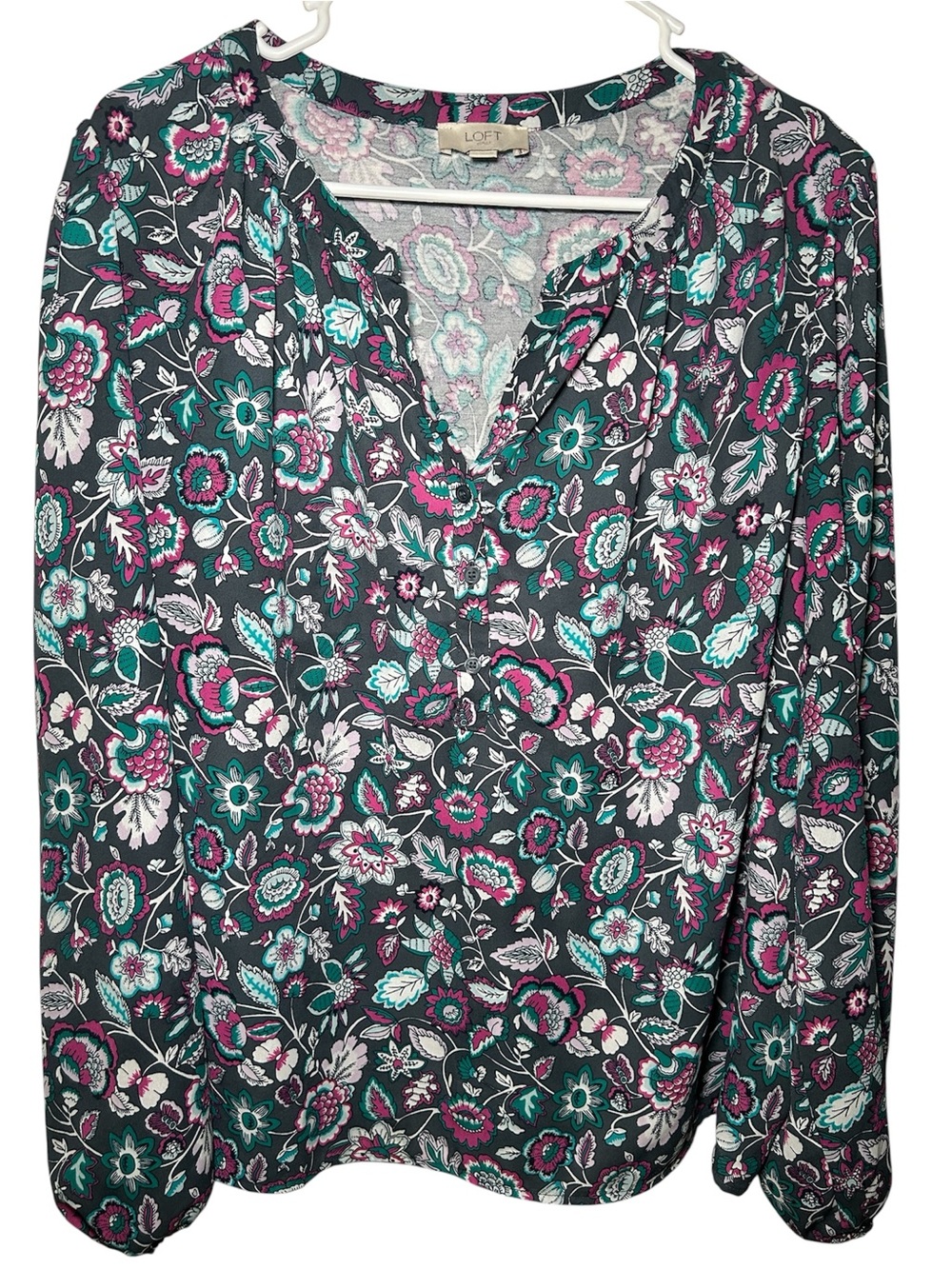 LOFT Teal Pink White Floral Paisley Patten V-Neck Blouse Sheer Light Long Sleeve